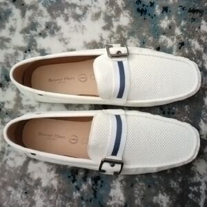 Bruno Marc White Loafers with Navy Accent